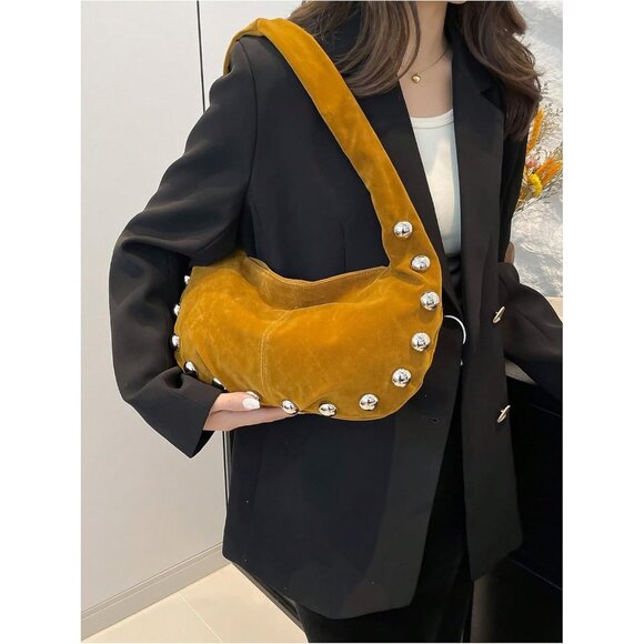 Compact Rivet Suede Underarm Bag - Top Handle Zipper Purse for All Occasions - Picture 4 of 6